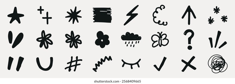 A collection of hand-drawn doodles including stars, arrows, flowers, and symbols. Playful doodles, expressive symbols, and creative sketches in black ink. Black hand drawn elements, vector set.