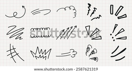 A collection of hand-drawn doodles on grid paper, featuring arrows, squiggles, and exclamation marks. Doodles include arrows, squiggles, and dynamic lines. Black hand drawn elements, vector set.