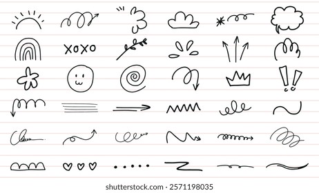 Collection of hand-drawn doodles on lined paper. Doodles include arrows, clouds, and swirls. Playful doodles for creative projects. Doodles add fun and whimsy. Hand drawn social media icons, vectors.