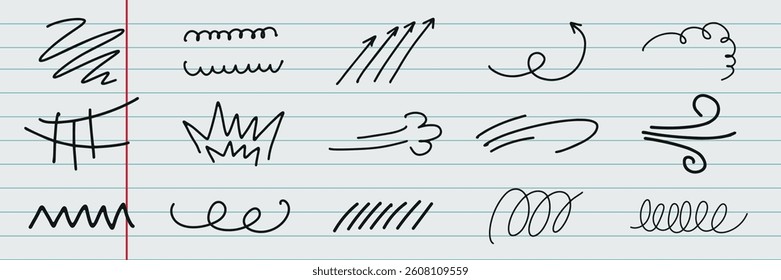Collection of hand-drawn doodles on lined paper. Doodles include arrows, swirls, and zigzags. Simple, artistic doodles perfect for creative projects. Black hand drawn elements, vector set.