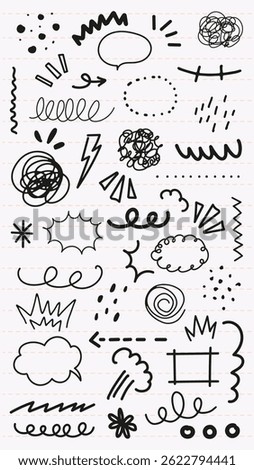 Collection of hand-drawn doodles and sketches. Doodles include speech bubbles, zigzags, and swirls. Sketches of various shapes and lines. Hand-drawn style. Black hand drawn elements, vector set.