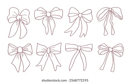 Collection of hand-drawn doodle-style bows, featuring tied festive ribbons in a playful and decorative design.