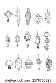 A collection of hand-drawn doodle-style Chinese lanterns in black and white. Traditional Asian decorative elements for festivals and celebrations.  