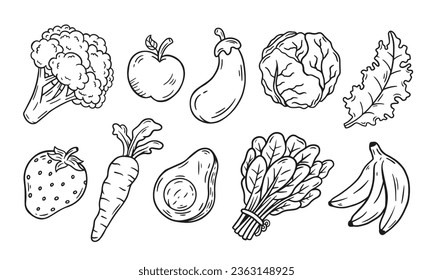 A collection of hand-drawn doodle-style fruit and vegetable illustrations. Perfect for food-related designs, health projects, or farm-to-table concepts.