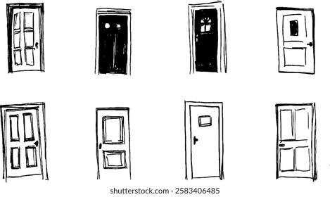 A collection of hand-drawn doors in various styles and designs. Each door features unique characteristics, such as different shapes, sizes, and decorative elements. The artwork is simplistic and monoc