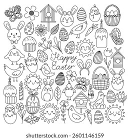 A collection of hand-drawn Easter-themed illustrations including a bunny, chick, flowers, and more. A whimsical and minimalist spring design set.