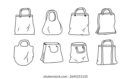 Collection of Hand-Drawn Eco-Friendly Shopping Bags and Sustainable Packaging Designs