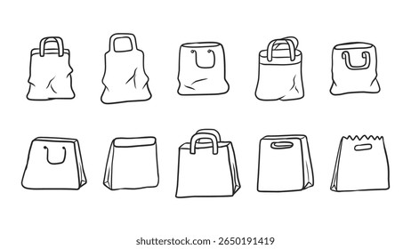 Collection of Hand-Drawn Eco-Friendly Shopping Bags and Sustainable Packaging Designs