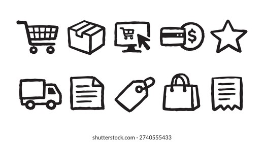 A collection of hand-drawn e-commerce icons in a doodle style, featuring shopping carts, bags, delivery trucks, and payment symbols.