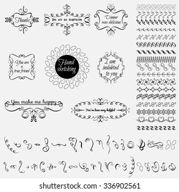 Collection of hand-drawn elements, floral, calligraphic elements, catchwords, exploding rays, wreaths and more