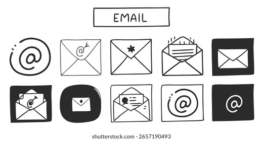 A collection of hand-drawn email icons and symbols with a transparent background. This image is perfect for designers looking for versatile graphics for their projects.