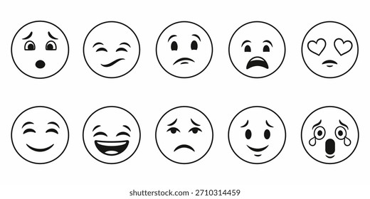 Colección de caras de emojis dibujadas a mano que expresan una variedad de emociones, incluyendo alegría, tristeza, sorpresa y amor, en un estilo de arte de línea simple en blanco y negro.