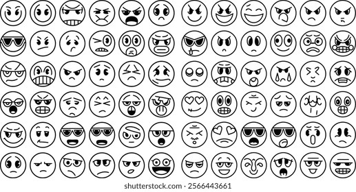 A collection of hand-drawn emoji-style faces in a minimalist black-and-white style. There are smiling, sad, angry, surprised, and playful faces. The faces are arranged in a grid format. 