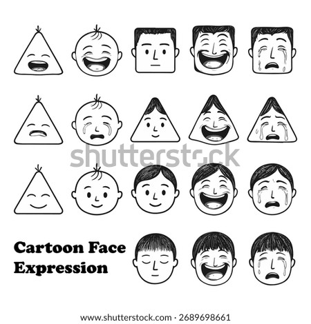 Collection of hand-drawn faces showing emotions like happy, sad, and crying. Perfect for emotion learning, kids’ education, comics, or creative design projects.