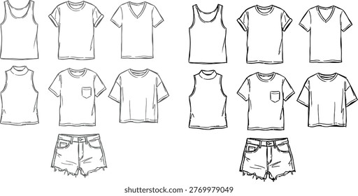 Collection of hand-drawn fashion illustrations featuring various styles of basic summer tops, including tank tops, t-shirts, and denim shorts.