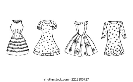 collection of hand-drawn fashionable women's dresses in retro style