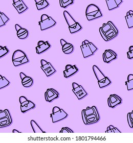 Collection of hand-drawn female bags outlined in thin black strokes on a purple background forming a seamless pattern. Ideal for fashion-related designs, accessory illustrations, or stylish patterns