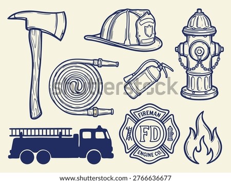 Collection of hand-drawn firefighter tools and symbols including an axe, helmet, hose, hydrant, fire truck, badge, and flames.