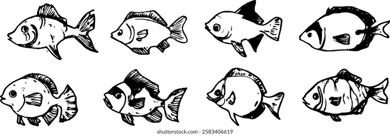 A collection of hand-drawn fish illustrations in various styles and sizes, showcasing different shapes and patterns. Ideal for aquatic-themed designs.