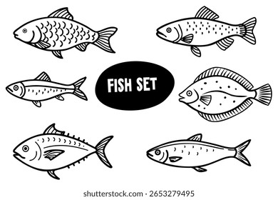 Uma coleção de ilustrações de peixes desenhadas à mão. Várias espécies são retratadas, incluindo uma solha e uma carpa. O estilo é simples e monocromático.