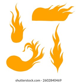 Collection of handdrawn flames in various shapes and styles, dynamic and expressive.