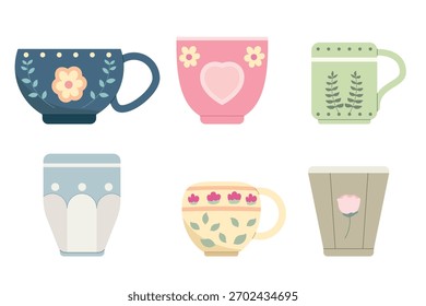 Collection of HandDrawn Flat Decorative Cups and Mugs
