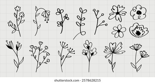 Collection of hand-drawn floral doodles. Simple, black line art of flowers and leaves. Minimalist floral designs on a grid. Perfect for creative projects. Spring flower illustrations, vector set.