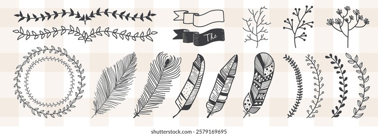 Collection of hand-drawn floral and feather designs. Includes leaves, branches, and banners. Perfect for creative projects and nature-themed art. Nature illustrations, vector set.