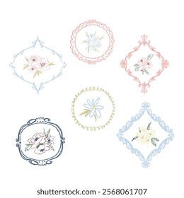 Collection of hand-drawn floral frames in vintage style. Perfect for invitations, wedding stationery, greeting cards, and elegant design projects