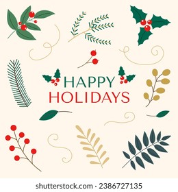 Collection of hand-drawn floral holiday elements. Winter floral decorations. Plants, flowers, leaves, branches, pine, berries. Vector illustration.
