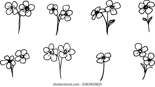 A collection of hand-drawn floral illustrations featuring various styles of small flowers with stems and leaves. The designs are simple and elegant, suitable for decorative purposes.
