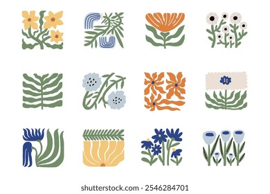 A collection of hand-drawn floral patterns featuring vibrant colors and abstract designs. Ideal for backgrounds, textiles, or creative illustrations with a modern artistic flair