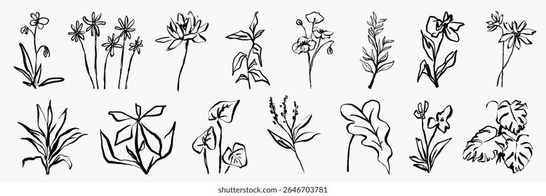 Coleção de esboços florais desenhados à mão. Desenhos florais em preto e branco. Ilustrações florais simples. Variedade de esboços florais em diferentes estilos. Ilustrações da natureza, conjunto de vetores isolados.