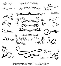 Collection of Handdrawn floral swirls and curles. Design element of ornaments for wedding cards, in invitations, save the date cards, flyers for restaurant