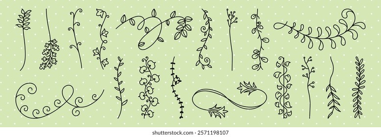 A collection of hand-drawn floral vines on a light green background. These floral vines feature various curly and leafy designs, perfect for decorative purposes. Hand drawn ornament vector set.