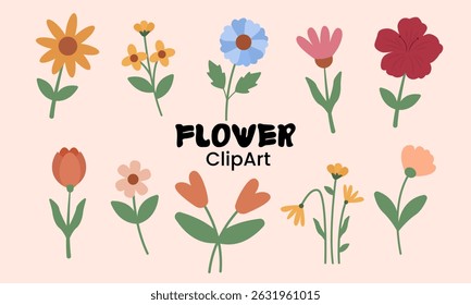 A collection of hand-drawn flower clipart in various shapes and colors on a pastel background. Perfect for spring-themed designs, greeting cards, invitations, stickers, and digital decorations.