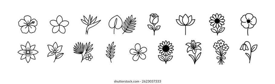 Collection of hand-drawn flower doodles in black and white