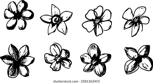 A collection of hand-drawn flower illustrations, featuring various styles and shapes. Each flower has distinct petals and centers, showcasing artistic diversity.