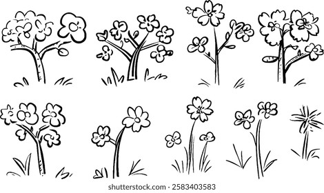 A collection of hand-drawn flower and tree illustrations, featuring various styles of blossoms and foliage. The designs are simple and whimsical, suitable for children's art or decorative purposes.