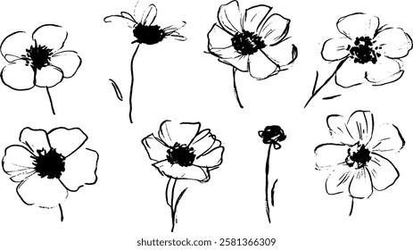 A collection of hand-drawn flowers in black ink, showcasing various styles and shapes. Each flower has distinct petals and centers, arranged in a visually appealing layout.