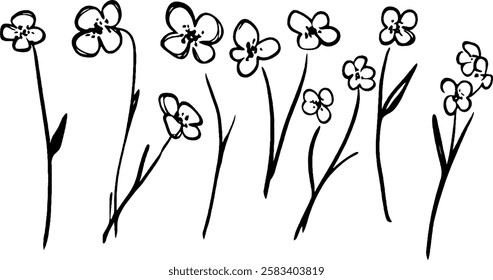 A collection of hand-drawn flowers with simple outlines and minimal details, showcasing various flower shapes and slender stems.