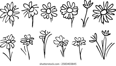 A collection of hand-drawn flowers in various styles and sizes, showcasing different shapes and arrangements. The flowers have simple outlines and are depicted in a whimsical manner.