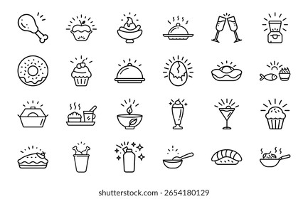 Collection of Hand-Drawn Food and Drink Line Icons with Light Effects Featuring Fast Food, Desserts, Beverages, and Hot Meals on White Background