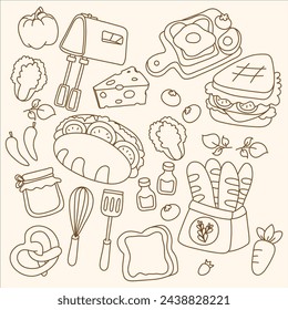 A Collection of Hand-Drawn Food Ingredients and Charming Café Bakery Delights, Easy coloring 