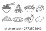 A collection of hand-drawn food items featuring noodles, pizza, soup, cheese, croissant, and vegetables, perfect for restaurant menus or culinary graphic projects.
