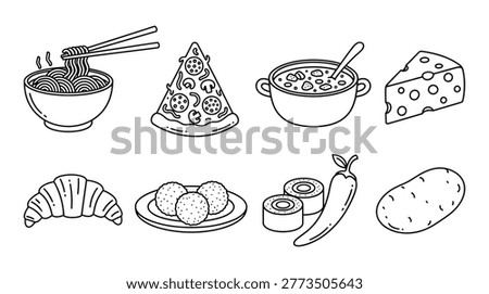 A collection of hand-drawn food items featuring noodles, pizza, soup, cheese, croissant, and vegetables, perfect for restaurant menus or culinary graphic projects.