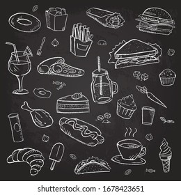 Collection Of Hand-drawn Food On The Blackboard. Retro Vintage Style Food Design.