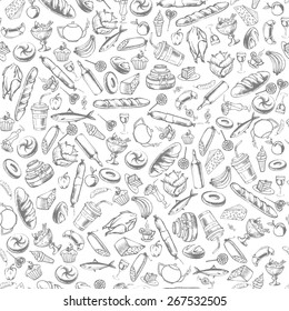 Collection Of Hand-drawn Food. Retro Vintage Style Food Design. Seamless Pattern. Vector Illustration.