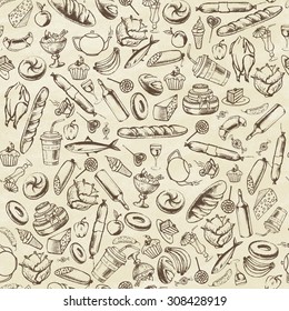 Collection of hand-drawn food. Retro vintage style food design. Seamless pattern. Vector illustration.