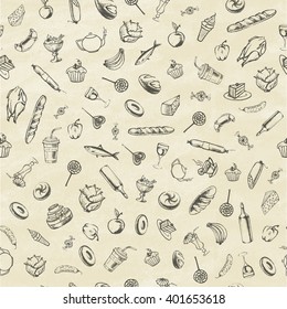 Collection of hand-drawn food. Retro vintage style food design. Seamless pattern. Vector illustration.